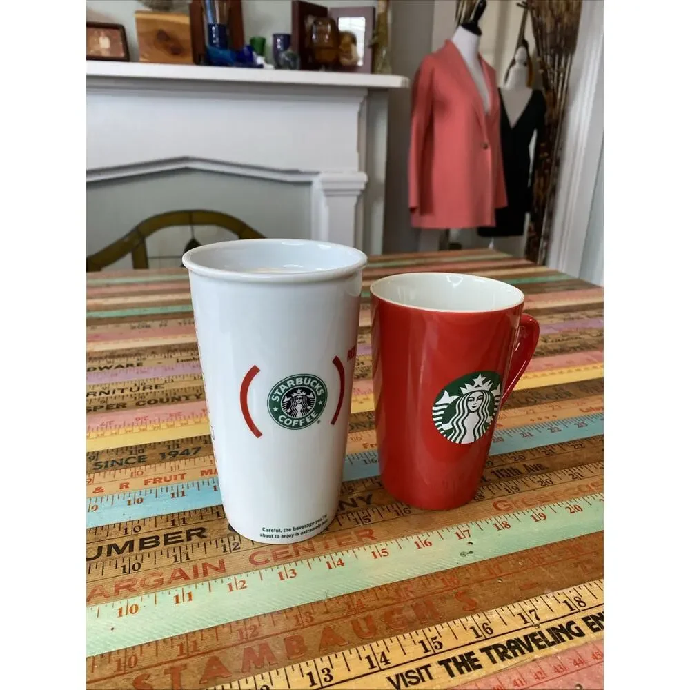 Lot Of 2 Starbucks Coffee Yea Mugs Logo 2020 Red 12 Oz 2010 Travel No Lid